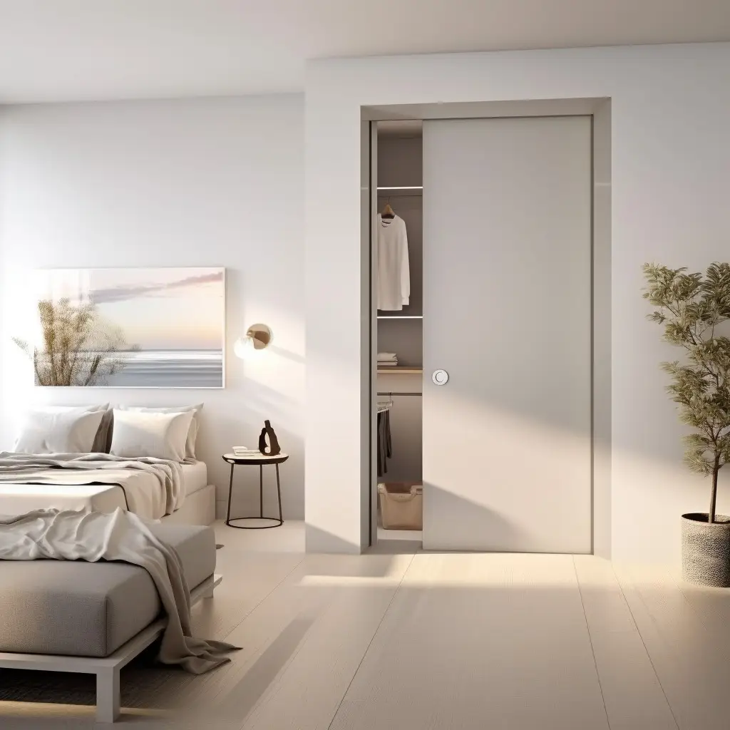 Single pocket door installed in a bedroom in front of a wardrobe