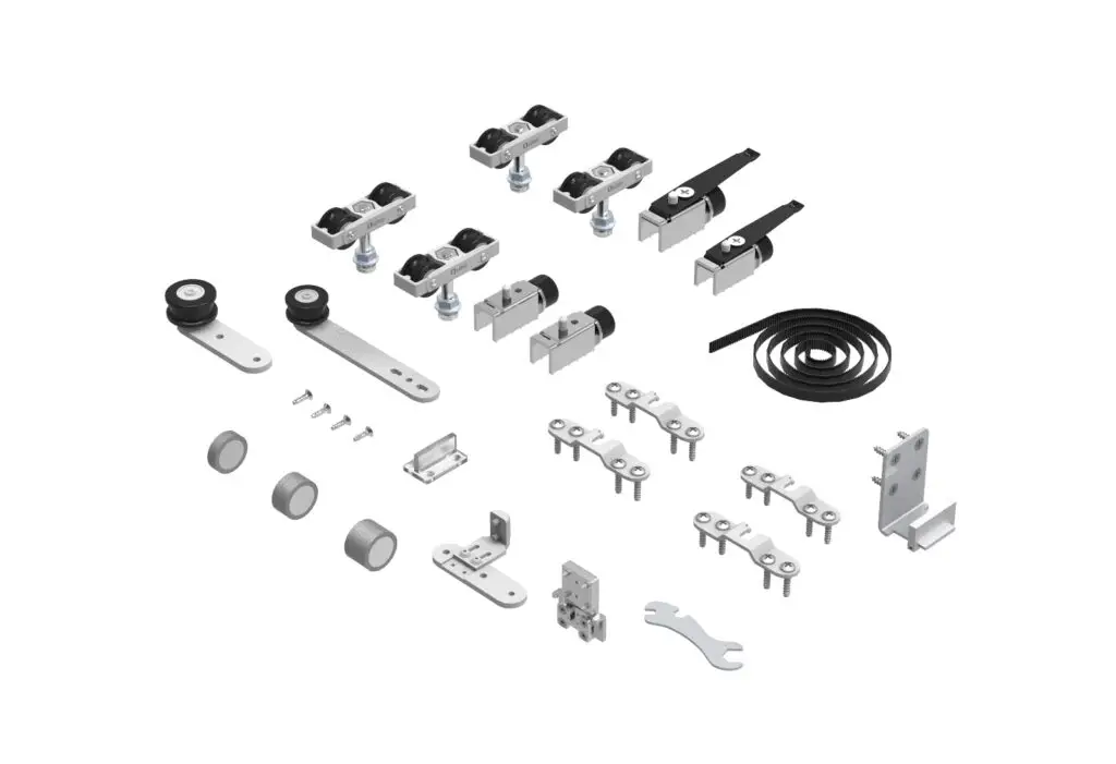 The isolated components of Dawson Moor Telescopic Door Hardware Kit