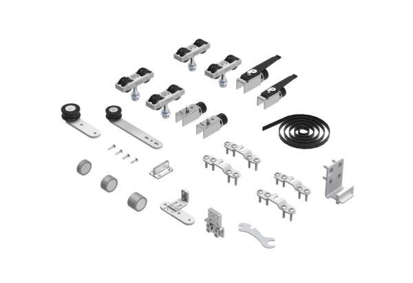 The isolated components of Dawson Moor Telescopic Door Hardware Kit